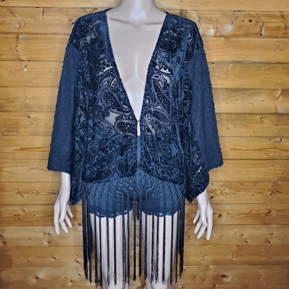 ♥️ Miss Me Fringe Jacket sequins Velvet Kimono paisley print boho Size L…